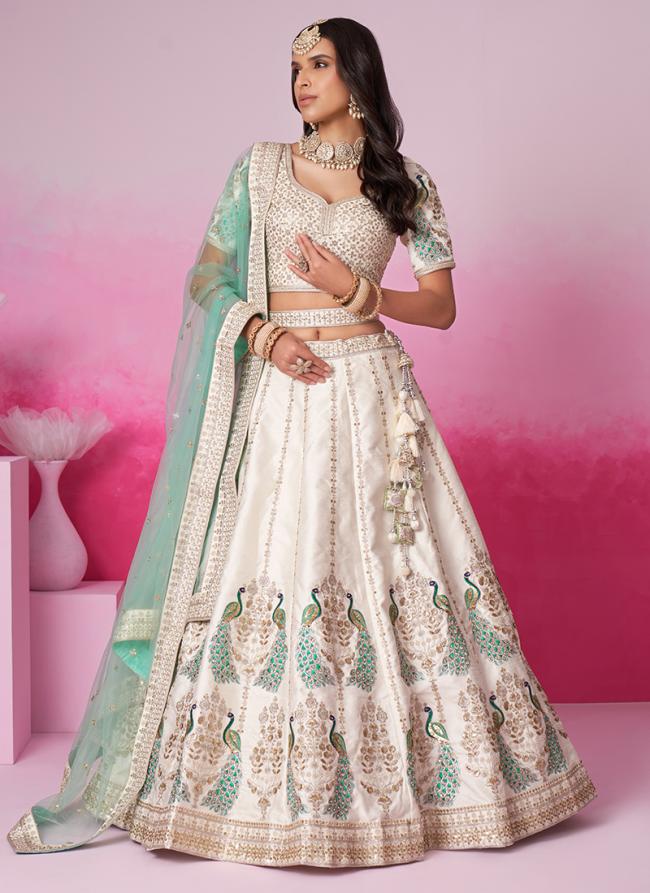 Pure Silk Cream Bridal Wear Sequins Work Lehenga Choli